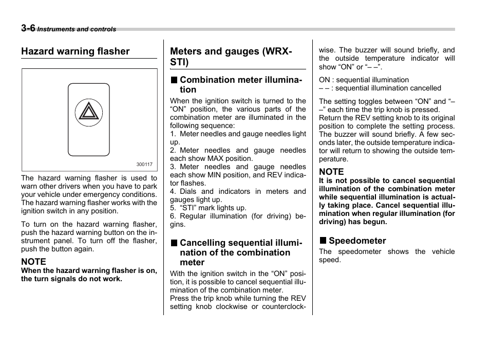 Hazard warning flasher, Meters and gauges (wrx- sti) | Subaru 2006 Impreza WRX User Manual | Page 119 / 365