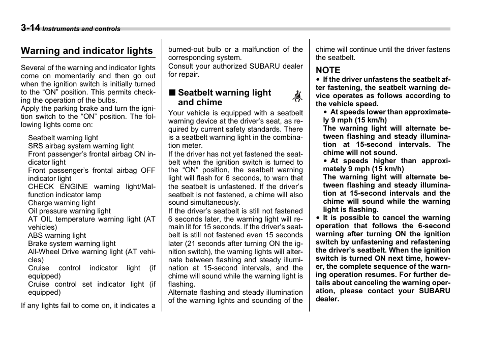 Warning and indicator lights | Subaru 2006 Impreza WRX User Manual | Page 127 / 365