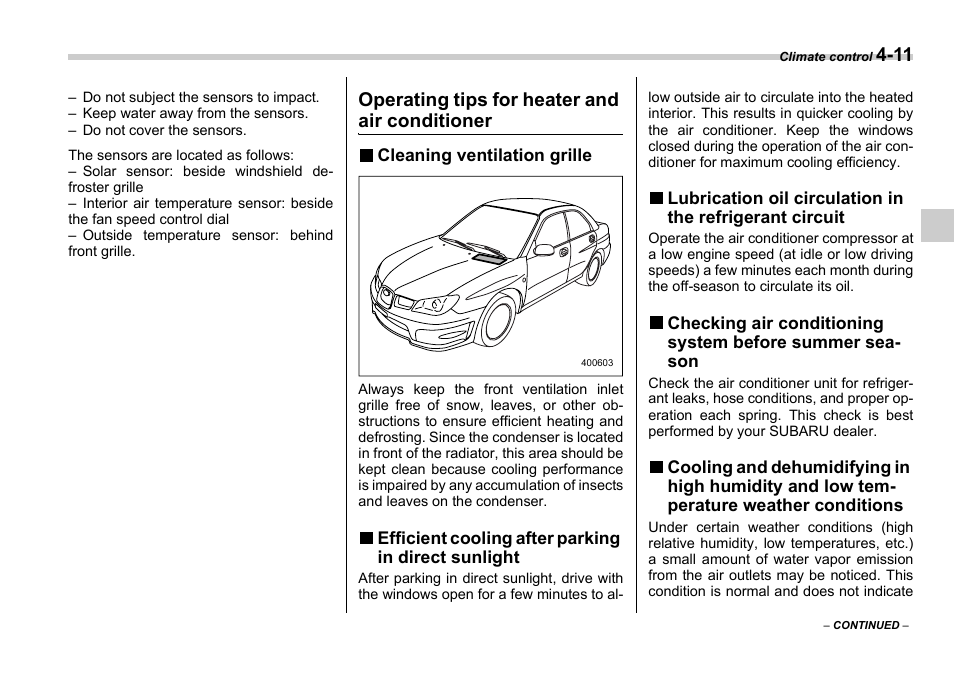 Operating tips for heater and air conditioner | Subaru 2006 Impreza WRX User Manual | Page 160 / 365