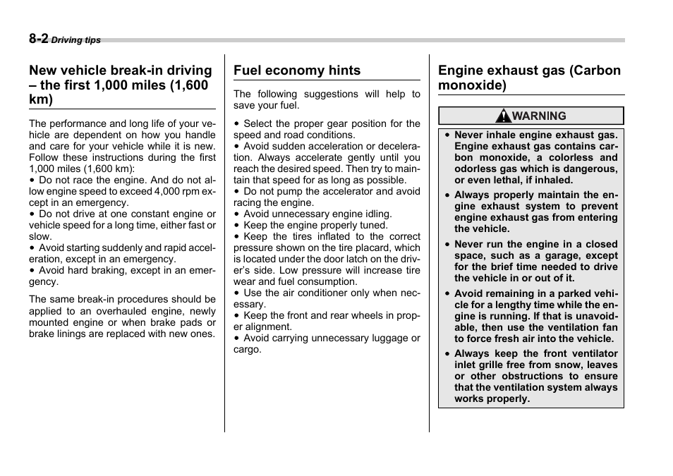 Fuel economy hints, Engine exhaust gas (carbon monoxide) | Subaru 2006 Impreza WRX User Manual | Page 229 / 365