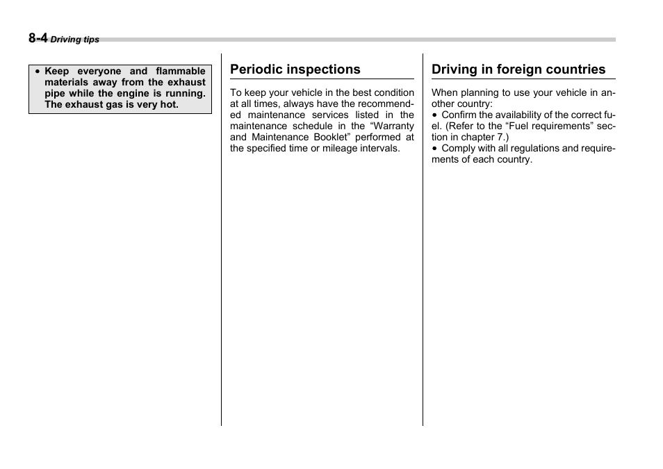 Periodic inspections, Driving in foreign countries | Subaru 2006 Impreza WRX User Manual | Page 231 / 365