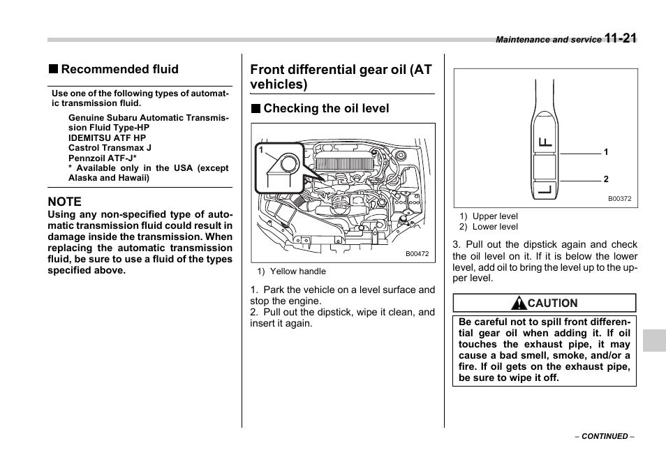 Front differential gear oil (at vehicles), Recommended fluid, Checking the oil level | Subaru 2006 Impreza WRX User Manual | Page 300 / 365