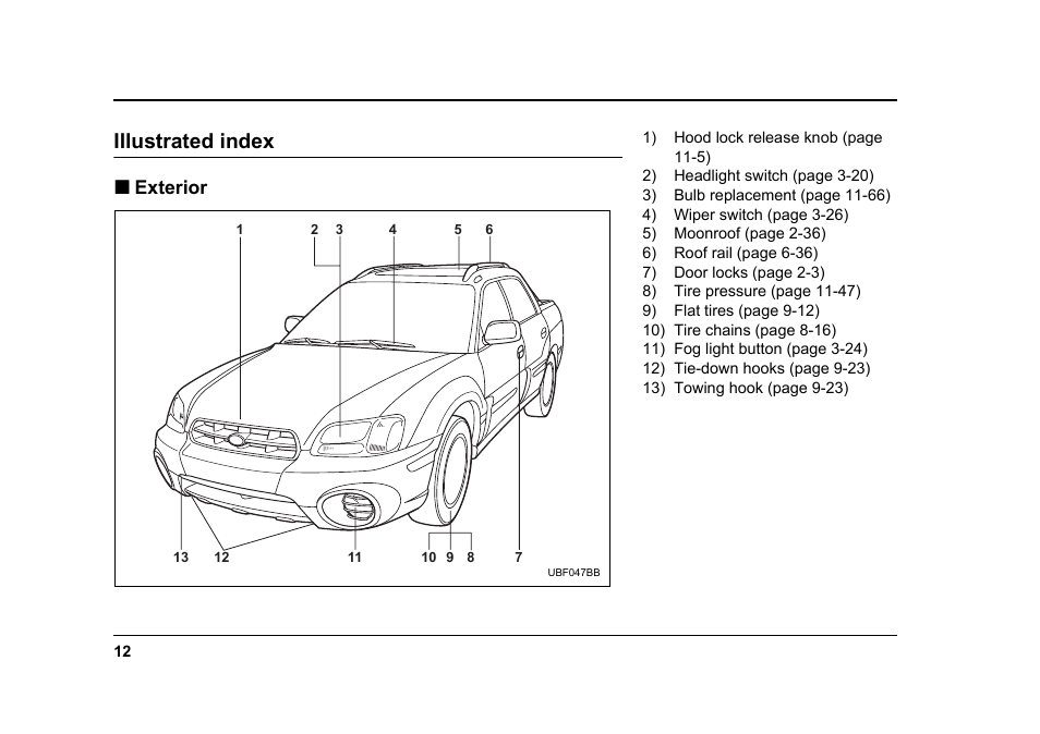 Msa5m0606a_6, Illustrated index, Exterior | Subaru 2006 Baja User Manual | Page 15 / 487