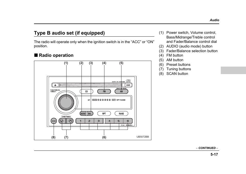 Type b audio set (if equipped), Radio operation | Subaru 2006 Baja User Manual | Page 194 / 487