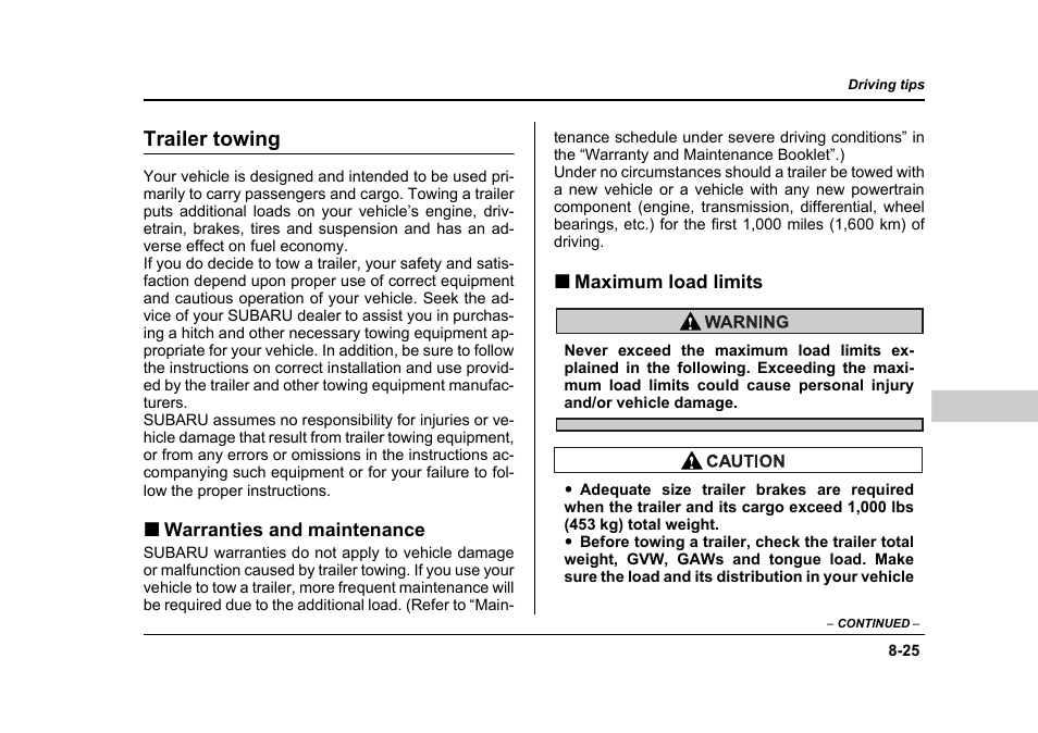 Trailer towing | Subaru 2006 Baja User Manual | Page 318 / 487