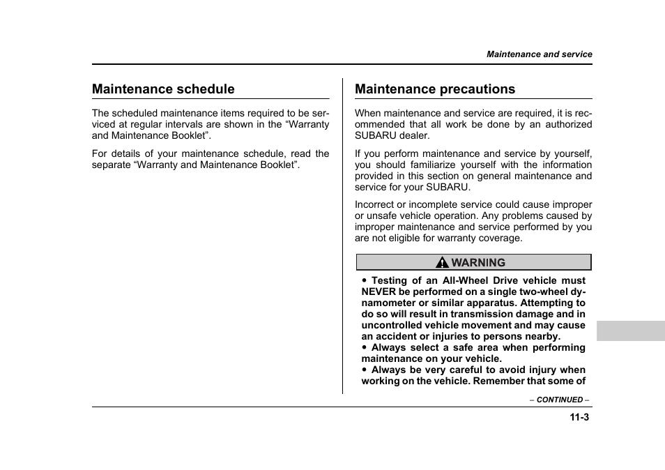 Maintenance schedule, Maintenance precautions | Subaru 2006 Baja User Manual | Page 368 / 487