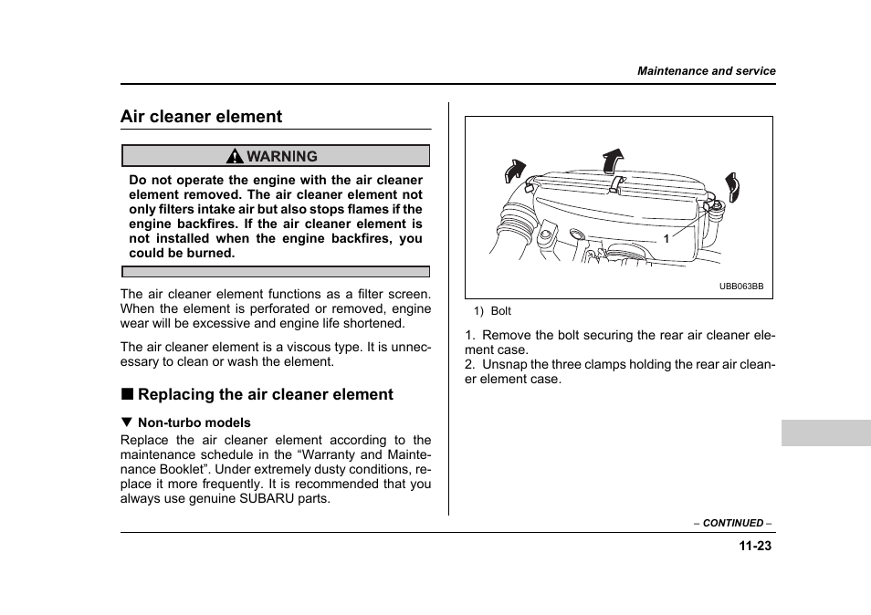 Air cleaner element, Replacing the air cleaner element | Subaru 2006 Baja User Manual | Page 388 / 487