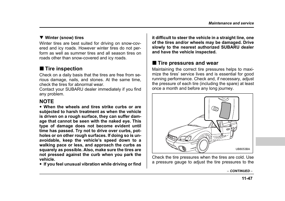 Tire inspection, Tire pressures and wear | Subaru 2006 Baja User Manual | Page 412 / 487