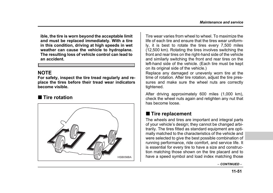 Tire rotation, Tire replacement | Subaru 2006 Baja User Manual | Page 416 / 487