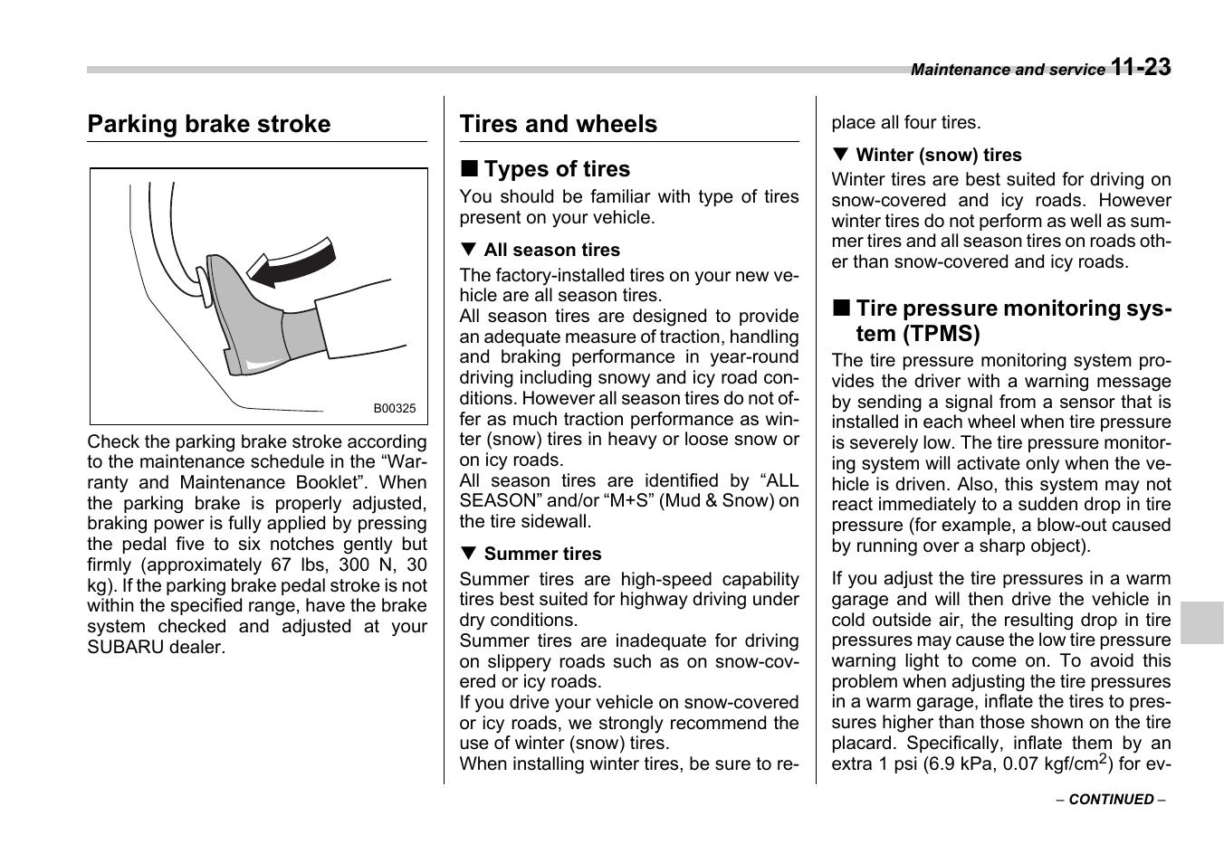 Parking brake stroke, Tires and wheels | Subaru 2006 B9 Tribeca User Manual | Page 320 / 377