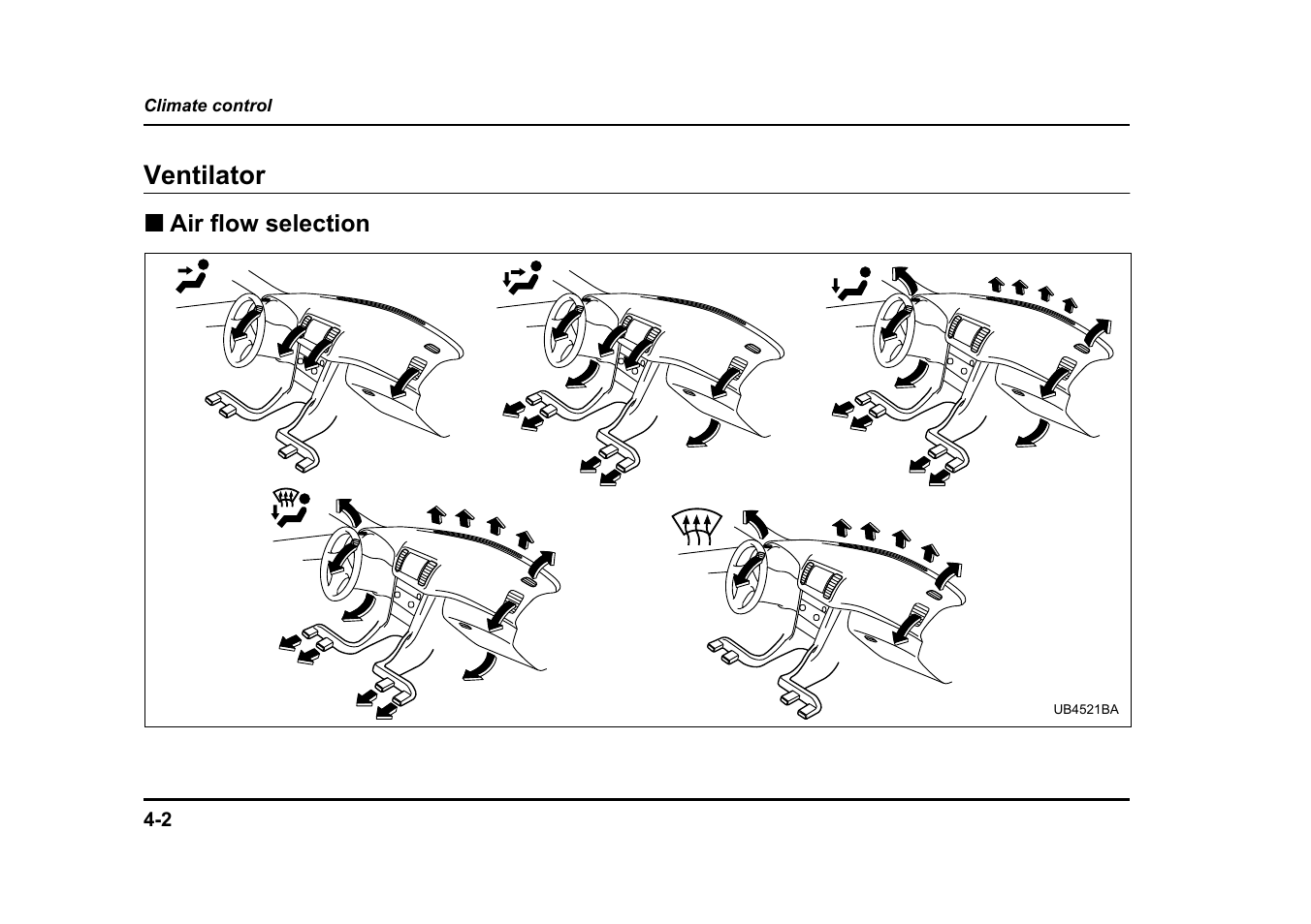 Ventilator, Air flow selection | Subaru 2005 Legacy User Manual | Page 237 / 627