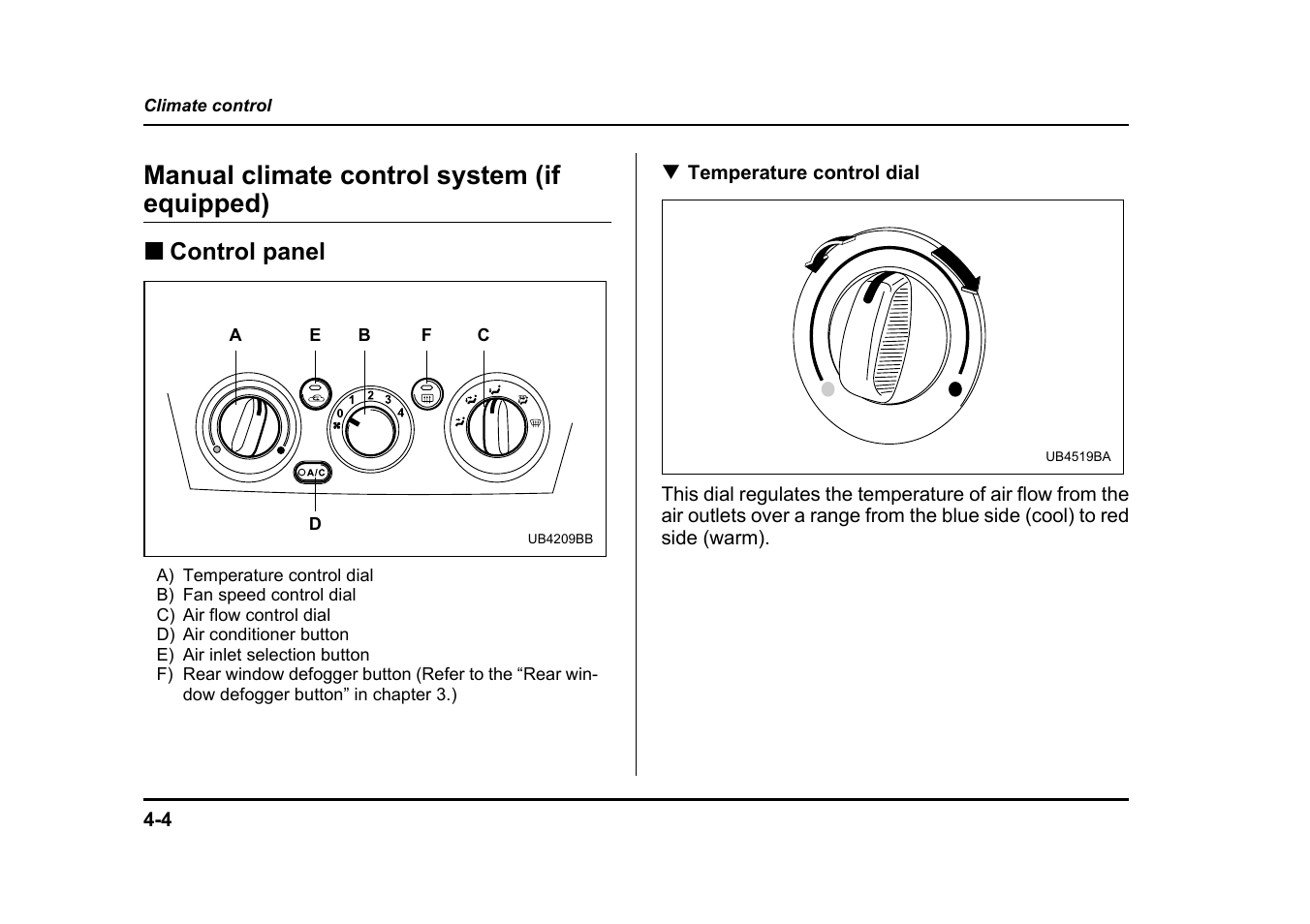 Manual climate control system (if equipped), Control panel | Subaru 2005 Legacy User Manual | Page 239 / 627