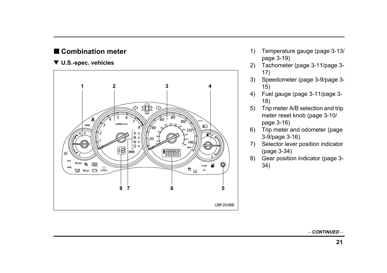 Combination meter | Subaru 2005 Legacy User Manual | Page 24 / 627