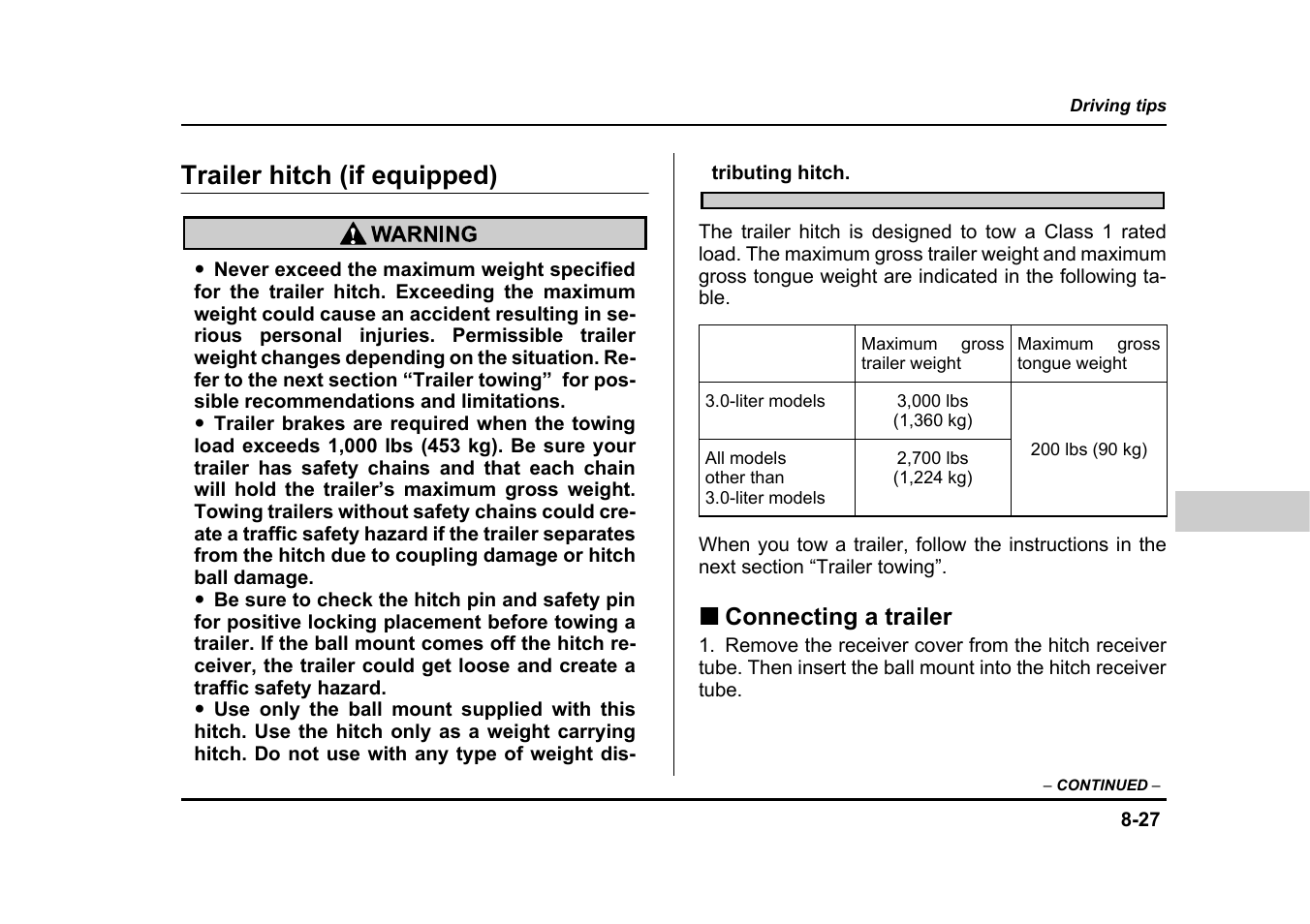Trailer hitch (if equipped) | Subaru 2005 Legacy User Manual | Page 440 / 627