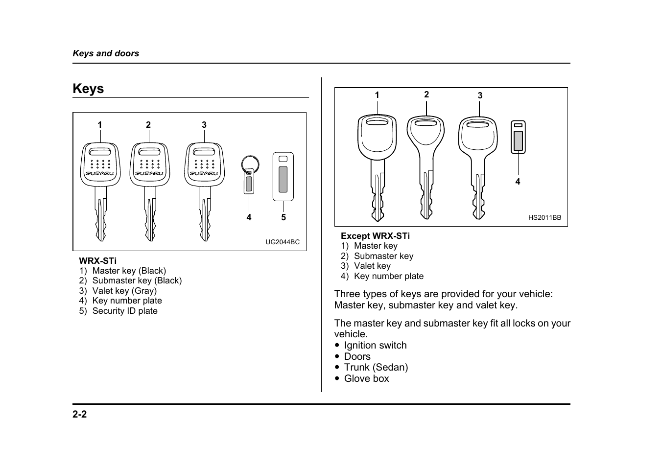 Keys | Subaru 2005 Impreza User Manual | Page 105 / 507
