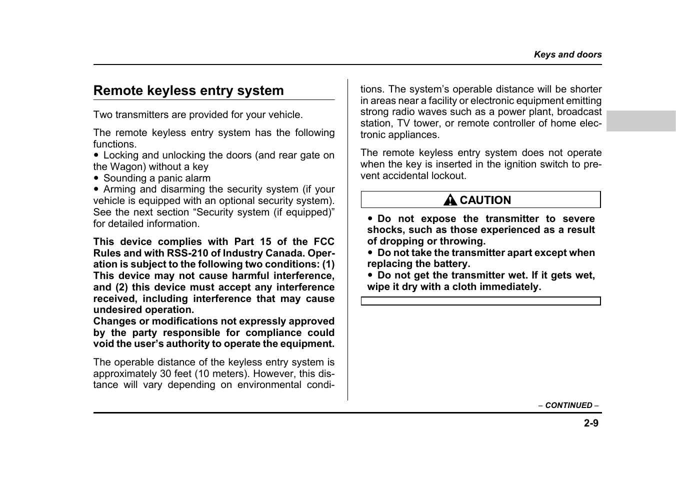 Remote keyless entry system | Subaru 2005 Impreza User Manual | Page 112 / 507