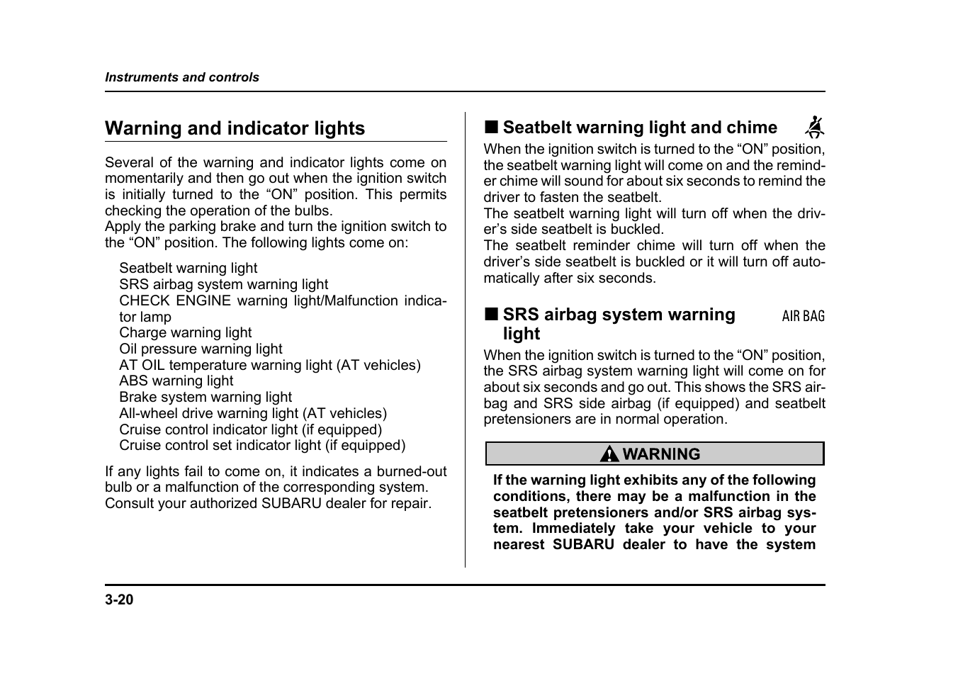 Warning and indicator lights | Subaru 2005 Impreza User Manual | Page 159 / 507