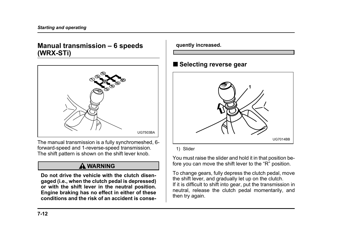 Manual transmission – 6 speeds (wrx-sti), Selecting reverse gear | Subaru 2005 Impreza User Manual | Page 275 / 507