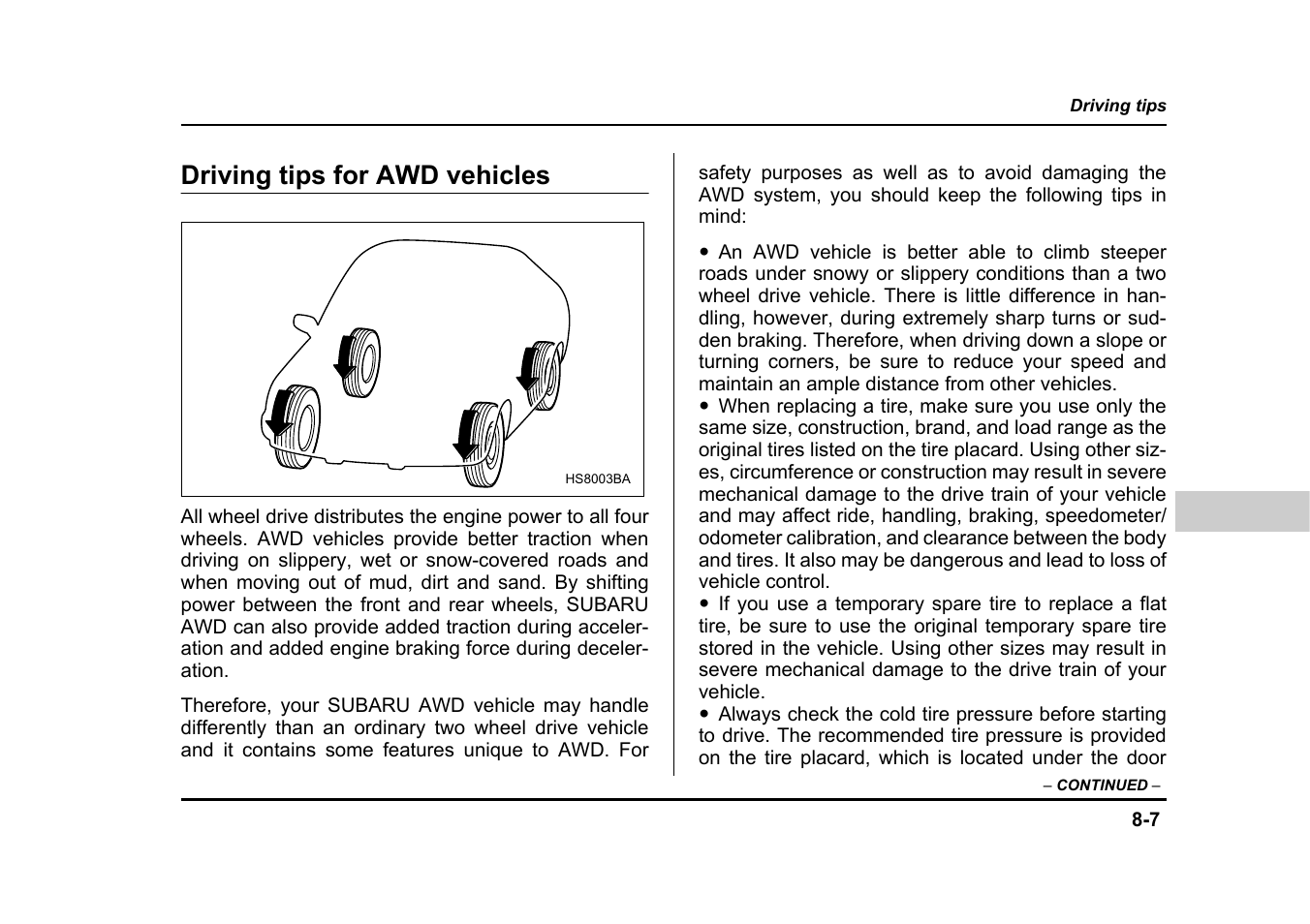 Driving tips for awd vehicles | Subaru 2005 Impreza User Manual | Page 314 / 507