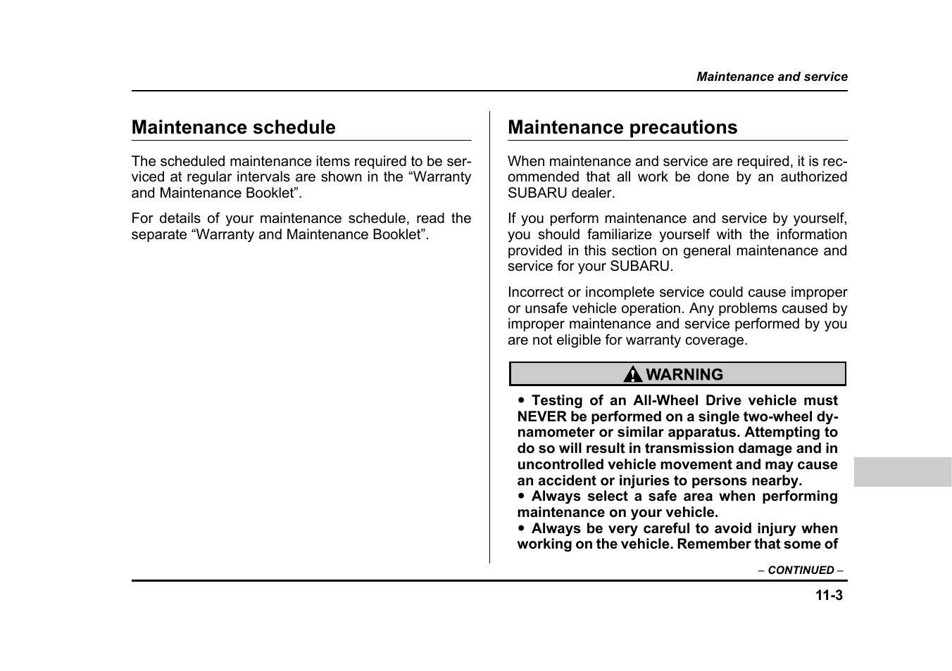 Maintenance schedule, Maintenance precautions | Subaru 2005 Impreza User Manual | Page 384 / 507