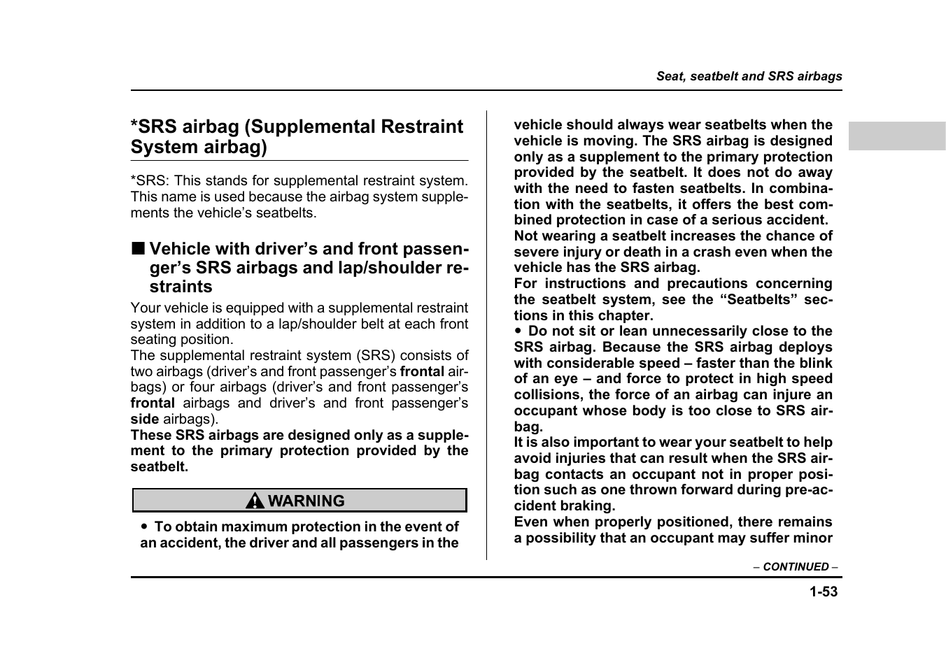 Srs airbag (supplemental restraint system airbag) | Subaru 2005 Impreza User Manual | Page 80 / 507