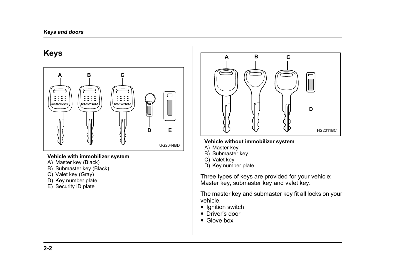 Keys | Subaru 2005 Forester 2.5X User Manual | Page 113 / 477