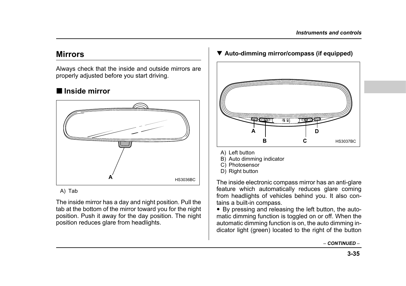 Mirrors, Inside mirror | Subaru 2005 Forester 2.5X User Manual | Page 176 / 477