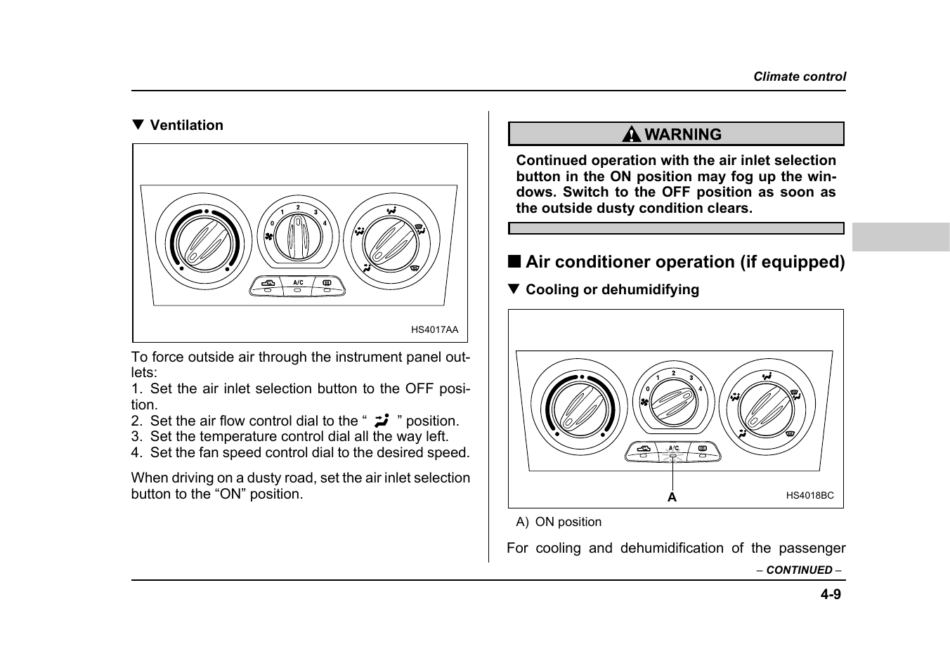 Air conditioner operation (if equipped) | Subaru 2005 Forester 2.5X User Manual | Page 190 / 477