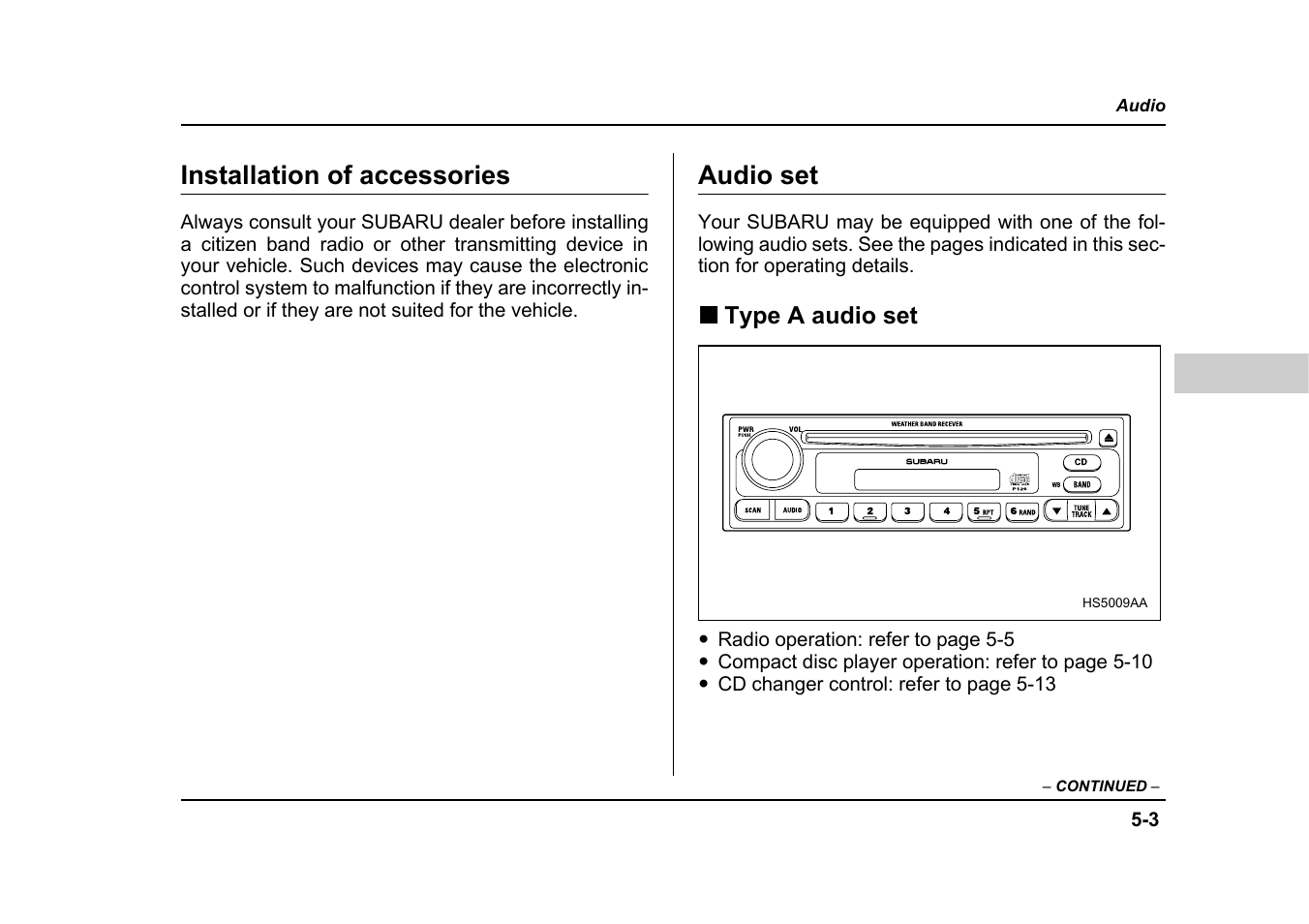 Installation of accessories, Audio set | Subaru 2005 Forester 2.5X User Manual | Page 206 / 477