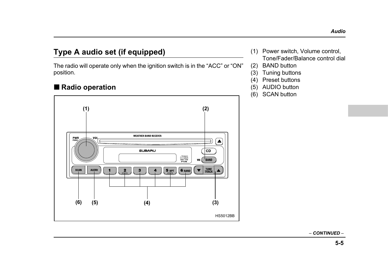 Type a audio set (if equipped), Radio operation | Subaru 2005 Forester 2.5X User Manual | Page 208 / 477