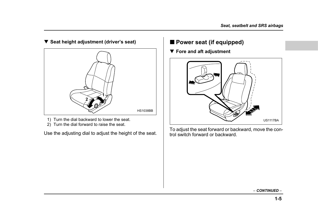 Power seat (if equipped) | Subaru 2005 Forester 2.5X User Manual | Page 38 / 477