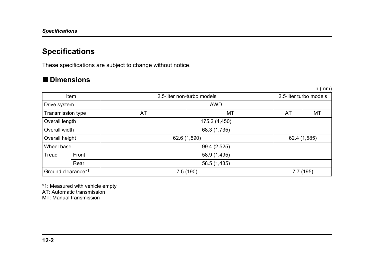 Specifications, Dimensions | Subaru 2005 Forester 2.5X User Manual | Page 441 / 477