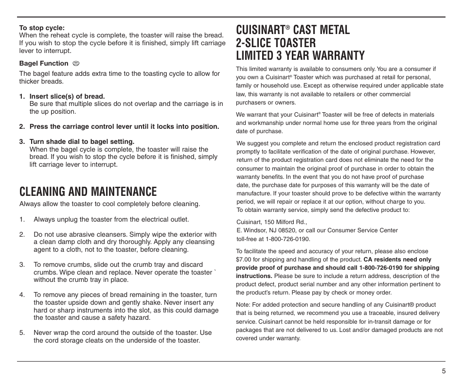 Cleaning and maintenance, Cuisinart, Cast metal 2-slice toaster limited 3 year warranty | Cuisinart CMT-200 User Manual | Page 5 / 8