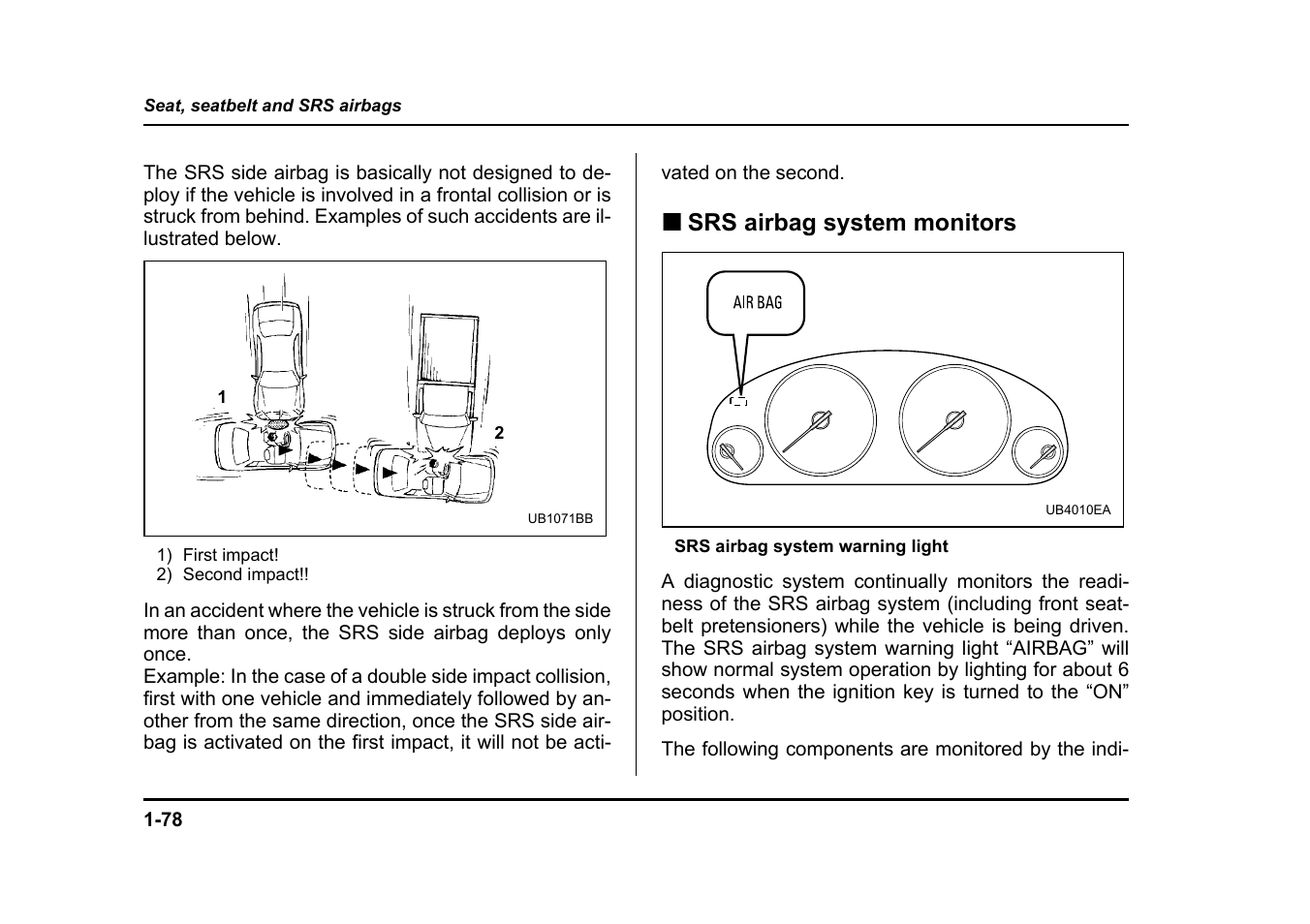 Srs airbag system monitors | Subaru 2004 Legacy User Manual | Page 103 / 525