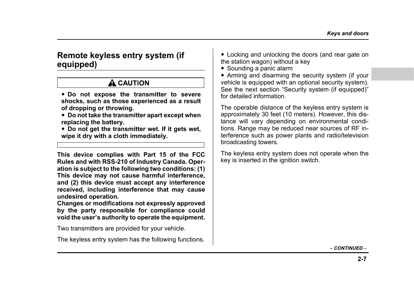 Remote keyless entry system (if equipped) | Subaru 2004 Legacy User Manual | Page 114 / 525