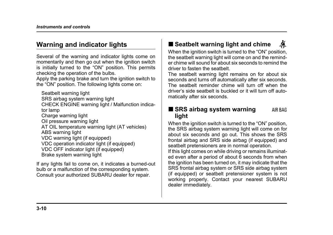 Warning and indicator lights | Subaru 2004 Legacy User Manual | Page 153 / 525