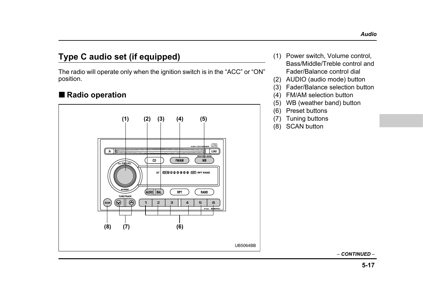 Type c audio set (if equipped), Radio operation | Subaru 2004 Legacy User Manual | Page 218 / 525