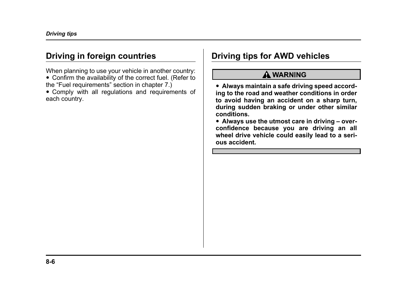 Driving in foreign countries, Driving tips for awd vehicles | Subaru 2004 Legacy User Manual | Page 325 / 525