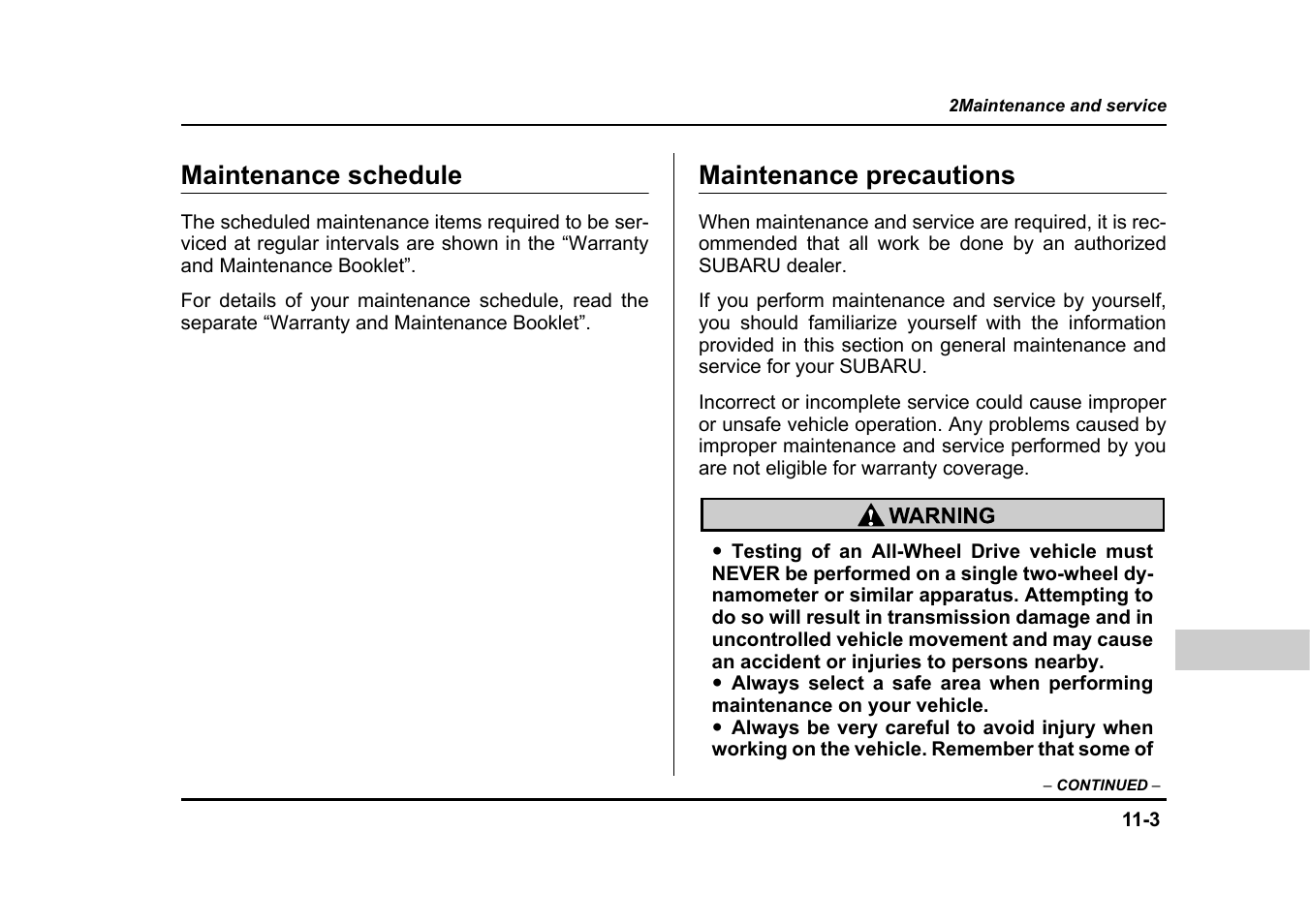 Maintenance schedule, Maintenance precautions | Subaru 2004 Legacy User Manual | Page 404 / 525
