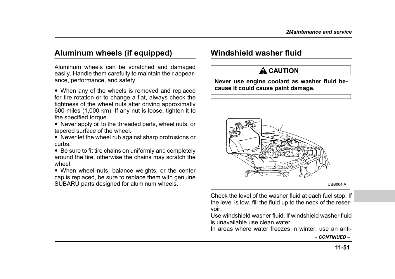 Aluminum wheels (if equipped), Windshield washer fluid | Subaru 2004 Legacy User Manual | Page 452 / 525