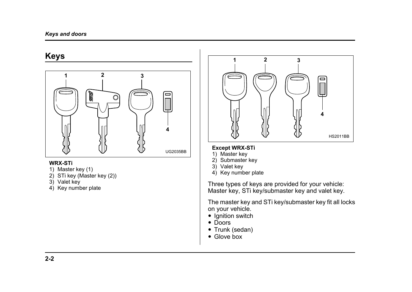 Keys | Subaru 2004 Impreza User Manual | Page 105 / 491