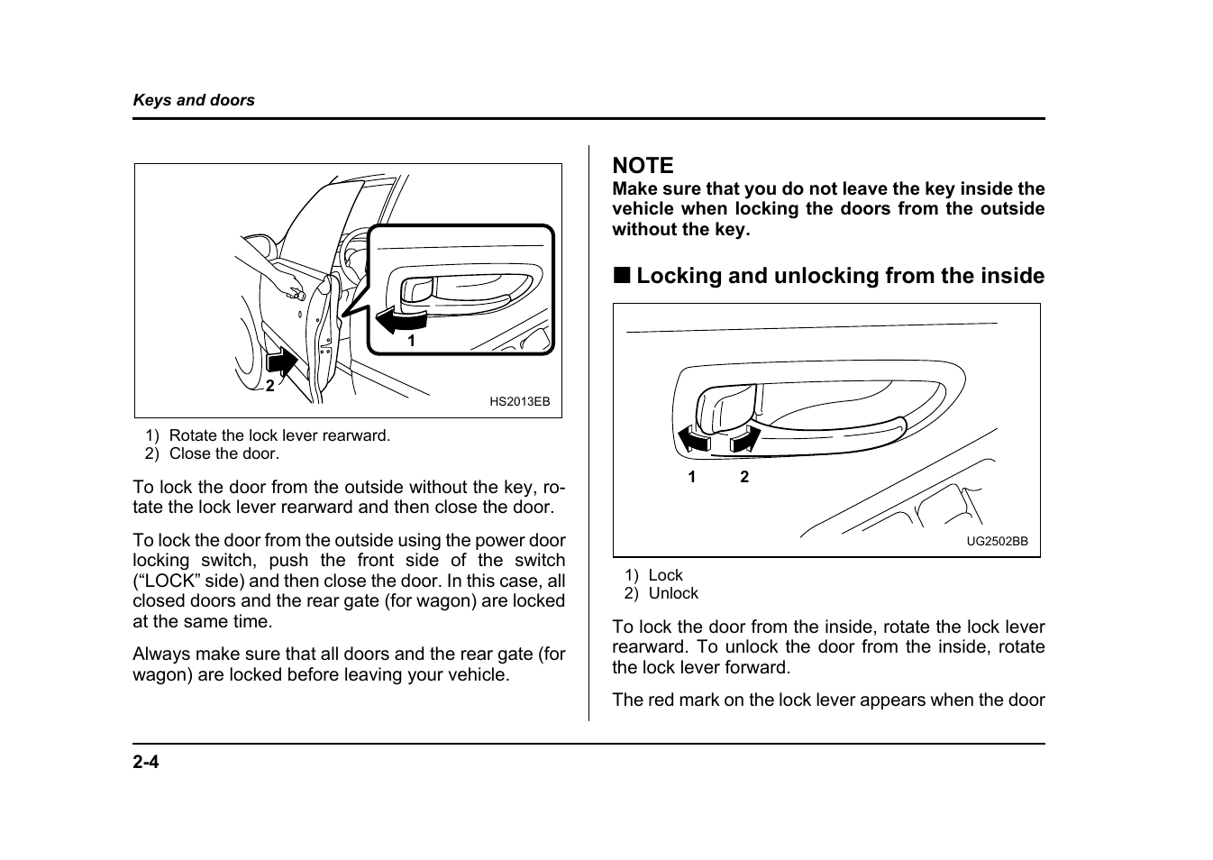 Locking and unlocking from the inside | Subaru 2004 Impreza User Manual | Page 107 / 491