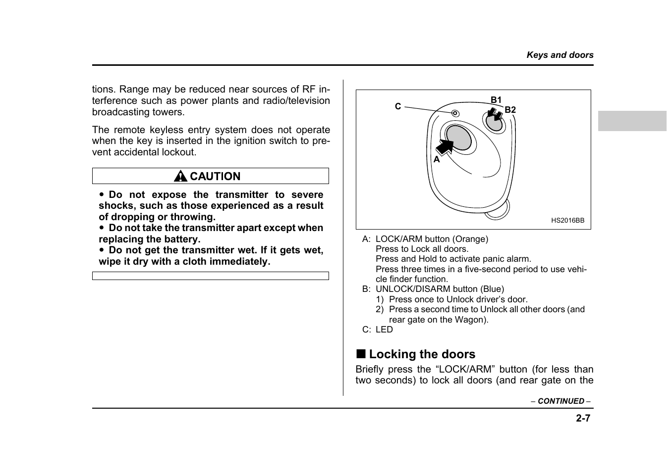 Locking the doors | Subaru 2004 Impreza User Manual | Page 110 / 491