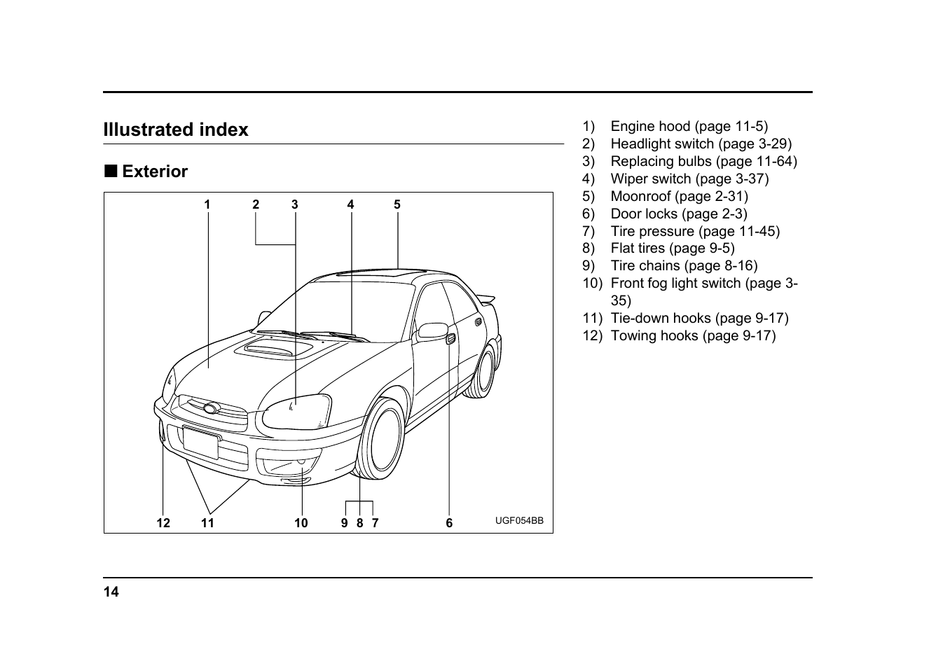 Msa5m0401a_7, Illustrated index, Exterior | Subaru 2004 Impreza User Manual | Page 17 / 491