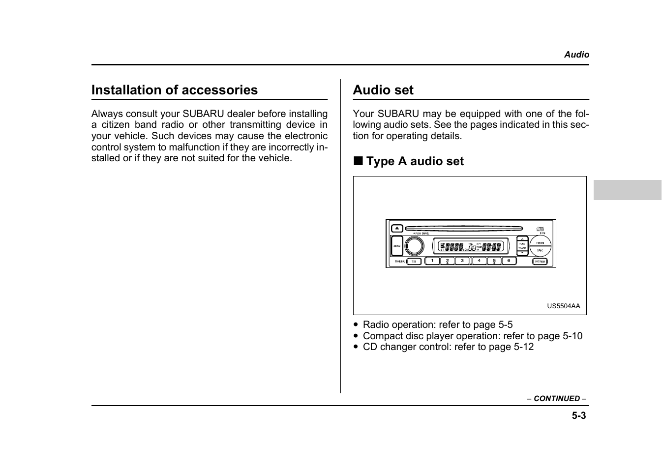 Installation of accessories, Audio set | Subaru 2004 Impreza User Manual | Page 216 / 491