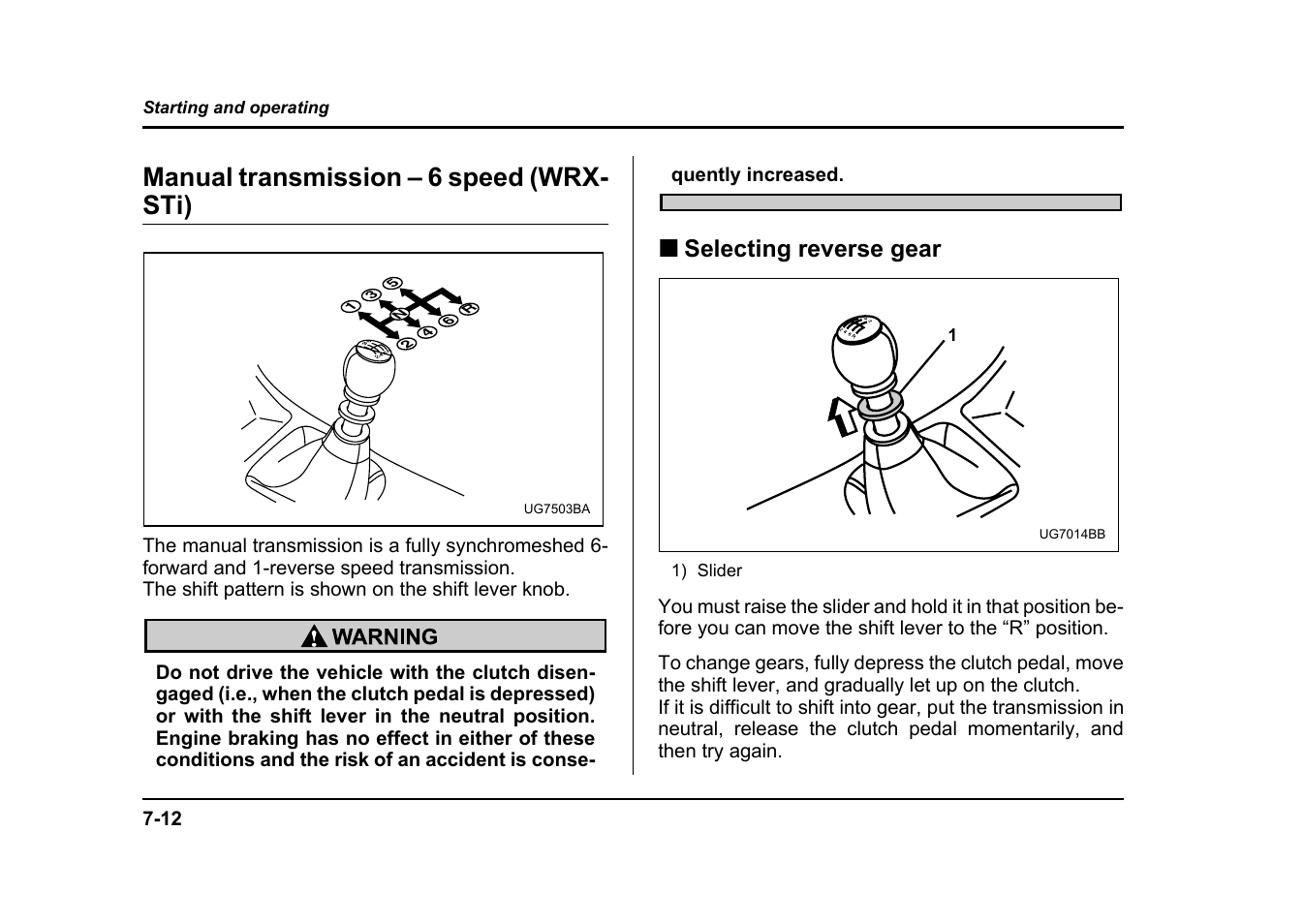 Manual transmission – 6 speed (wrx- sti), Selecting reverse gear | Subaru 2004 Impreza User Manual | Page 281 / 491