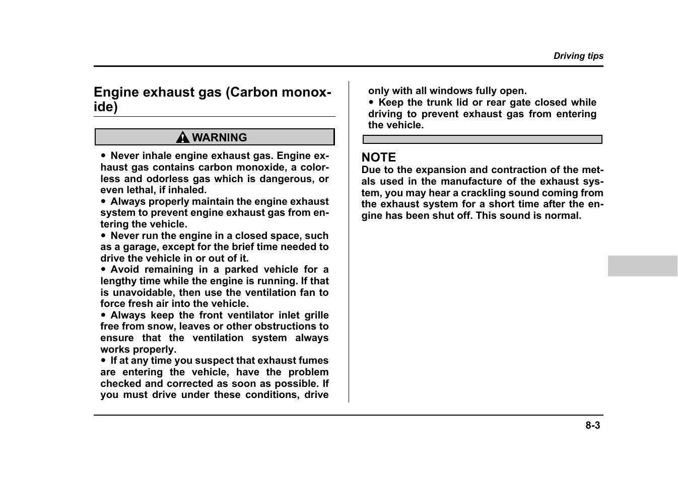 Engine exhaust gas (carbon monox- ide) | Subaru 2004 Impreza User Manual | Page 314 / 491