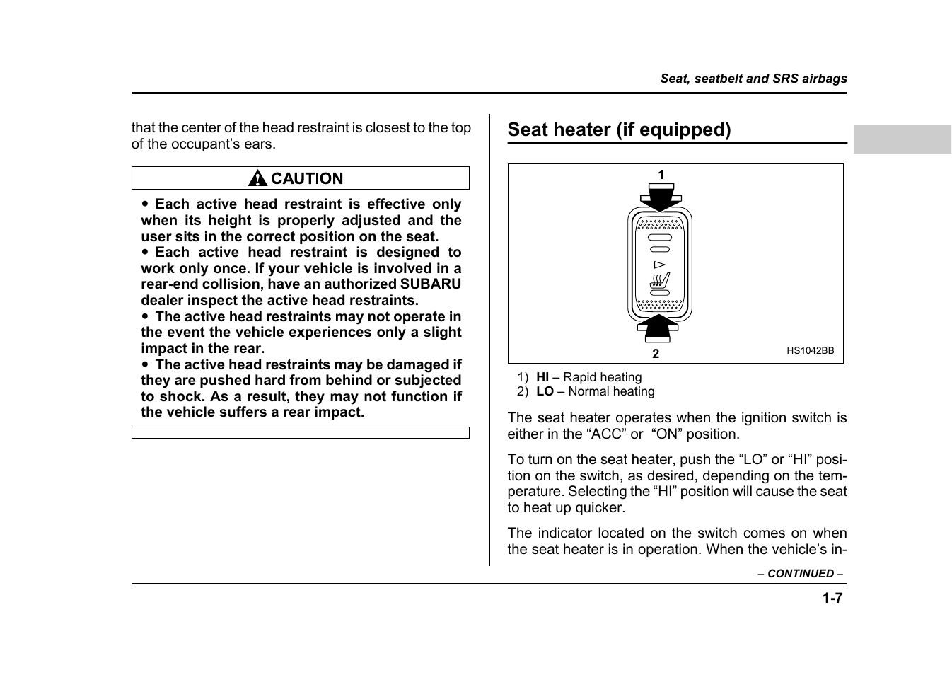 Seat heater (if equipped) | Subaru 2004 Impreza User Manual | Page 34 / 491