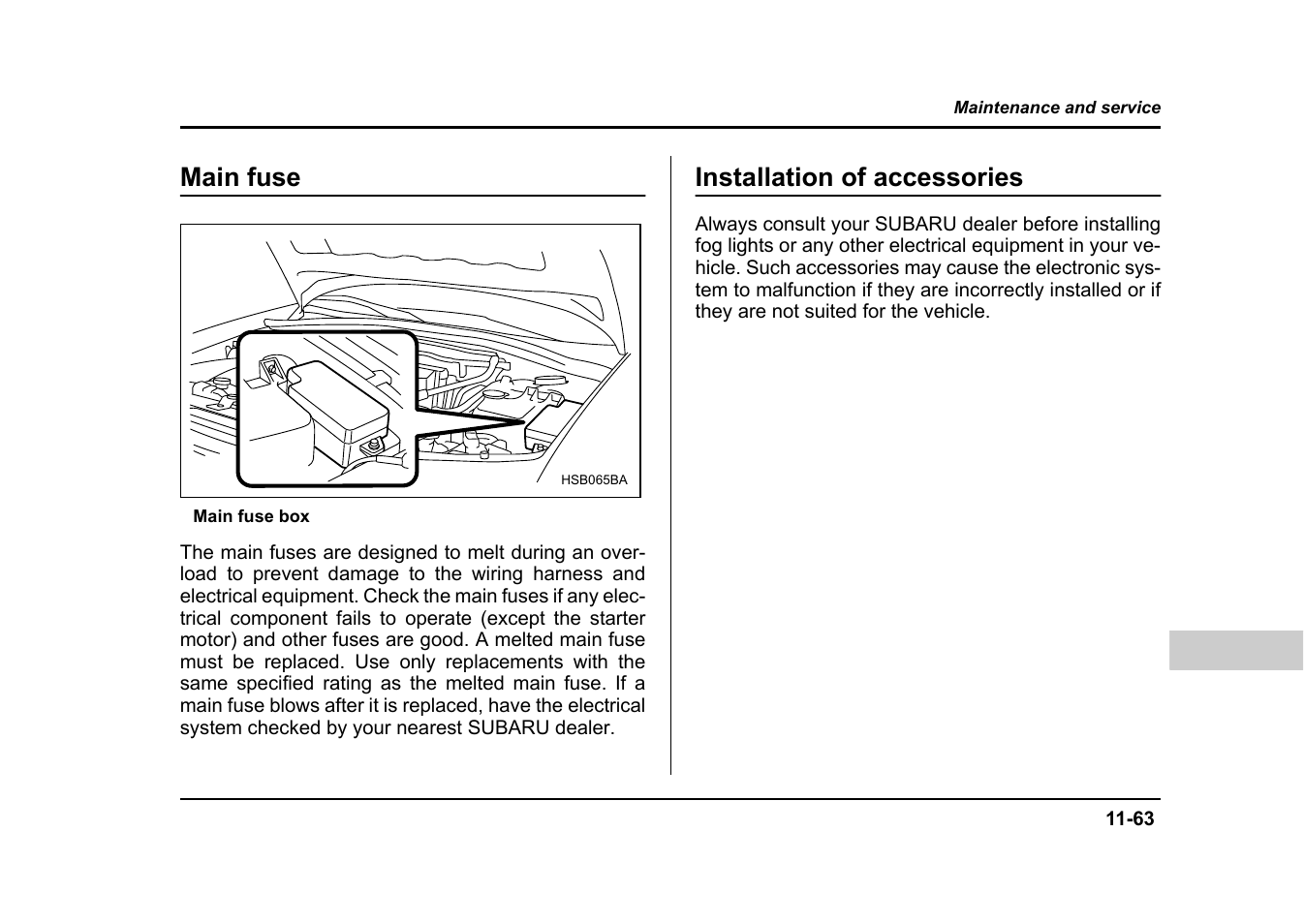 Main fuse, Installation of accessories | Subaru 2004 Impreza User Manual | Page 448 / 491