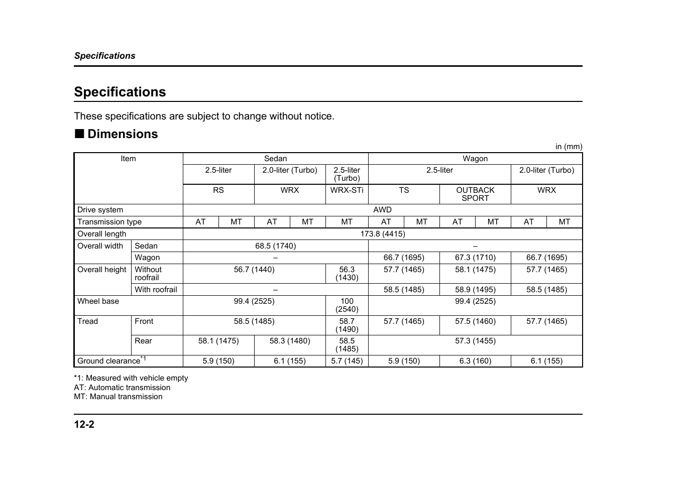 Msa5m0401a_19, Specifications, Dimensions | Subaru 2004 Impreza User Manual | Page 467 / 491